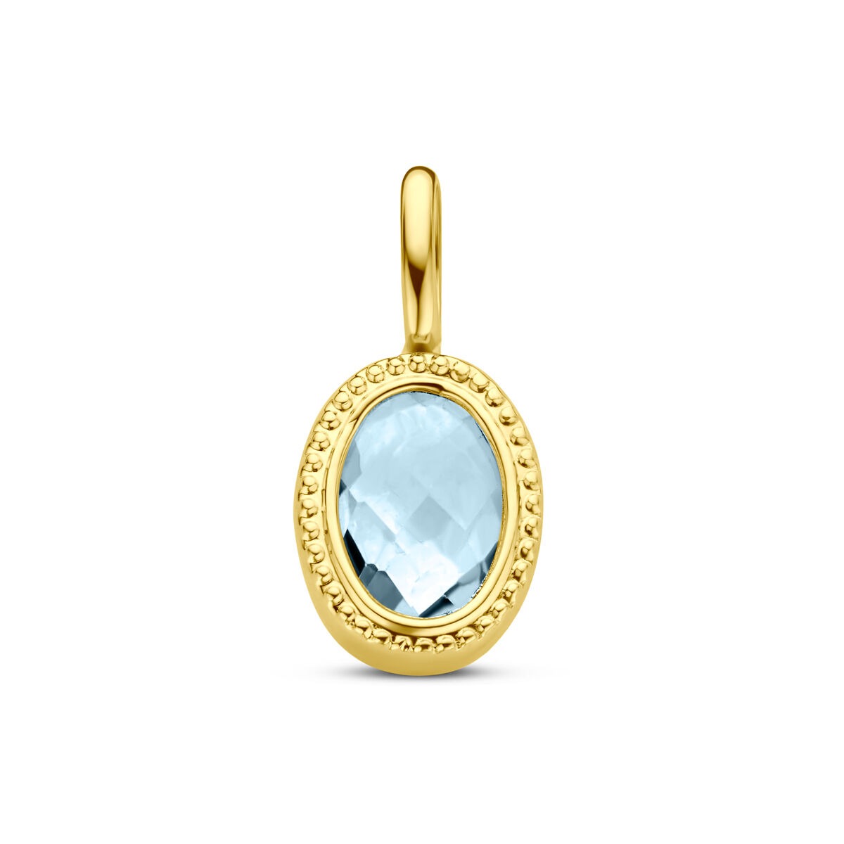 Pendentif en or jaune 14 carats avec topaze bleue, monture ovale et détails en perles.