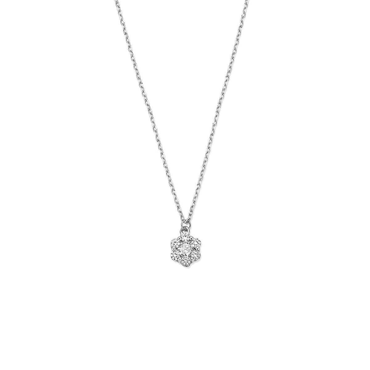 Collier en argent avec un pendentif en forme de fleur orné de zirconia.