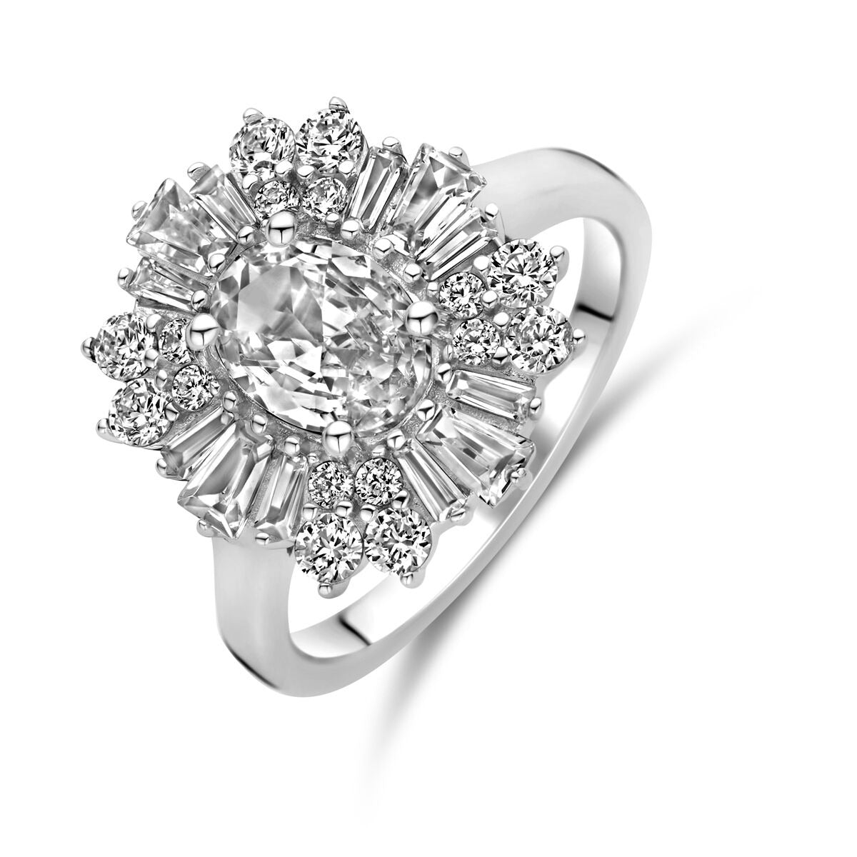 Bague en argent rhodié avec zircon ovale, ornée de pierres brillantes, largeur de 14,5 mm.