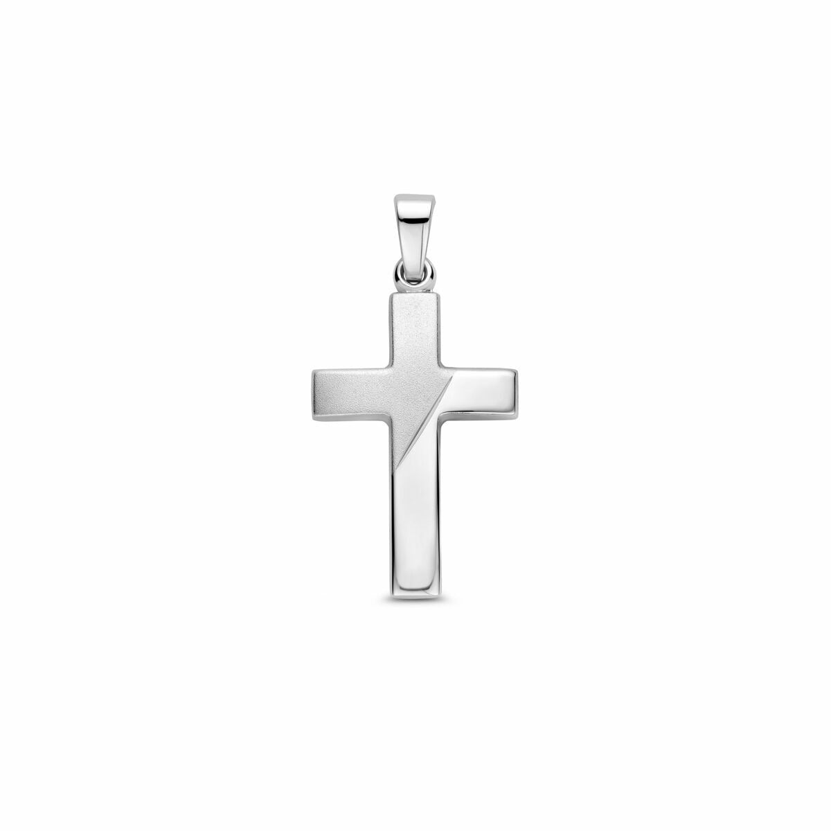 Pendentif croix en argent rhodié 925 avec des détails mat, poli et diamanté.