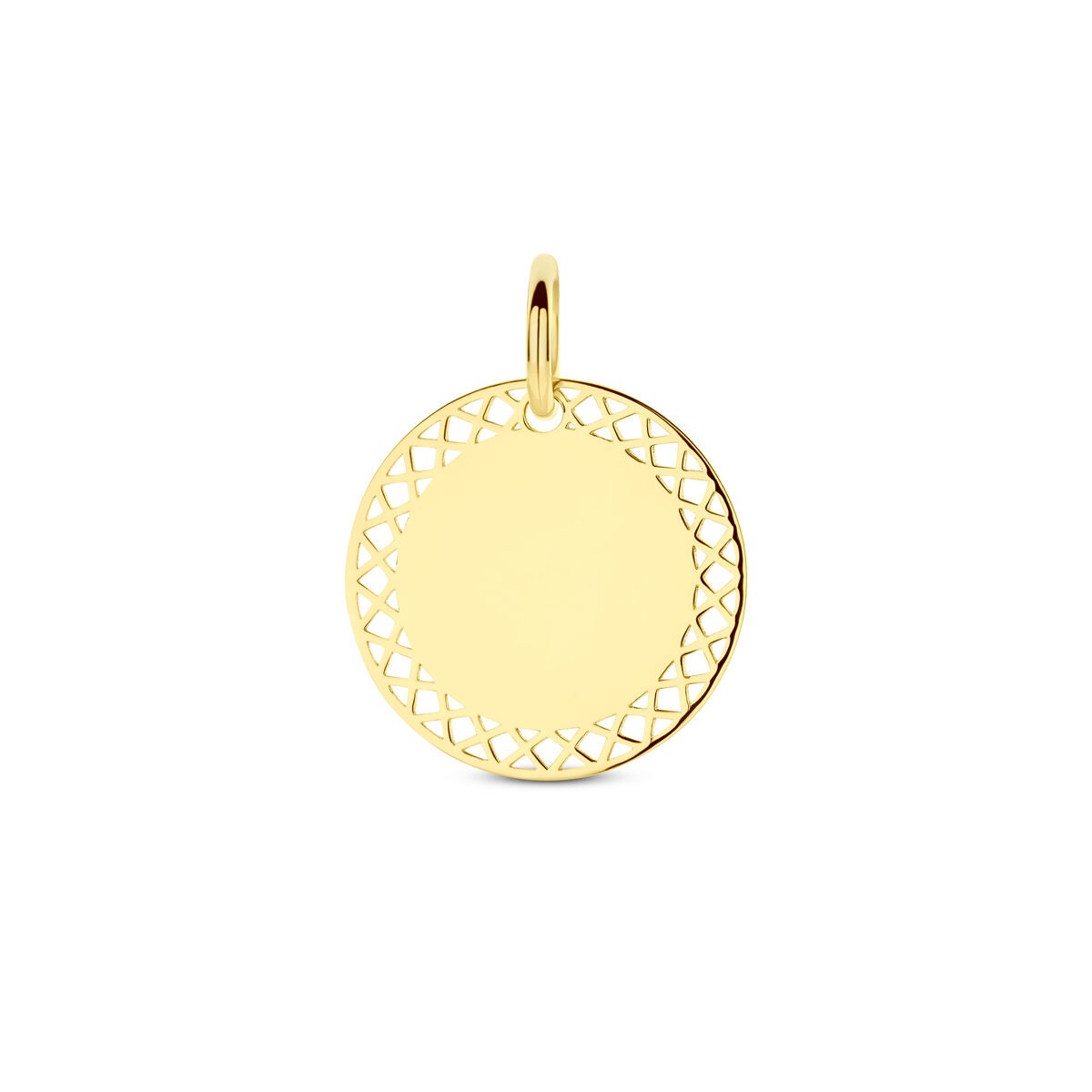 Pendentif rond en or jaune 14 carats avec un motif ajouré sur les bords.