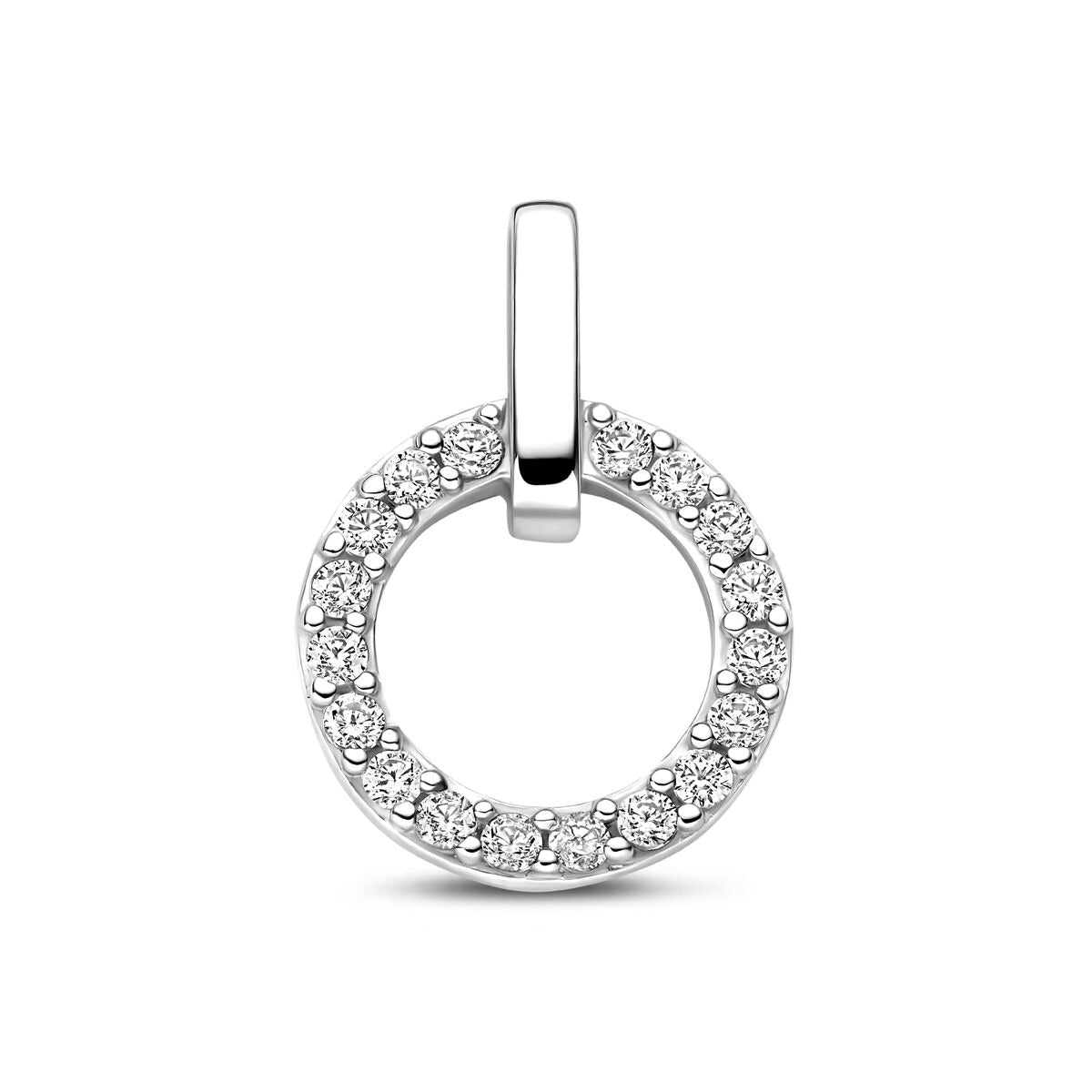 Zilveren hanger in cirkelvorm met zirkonia's in entourage zetting, diameter 17 mm.