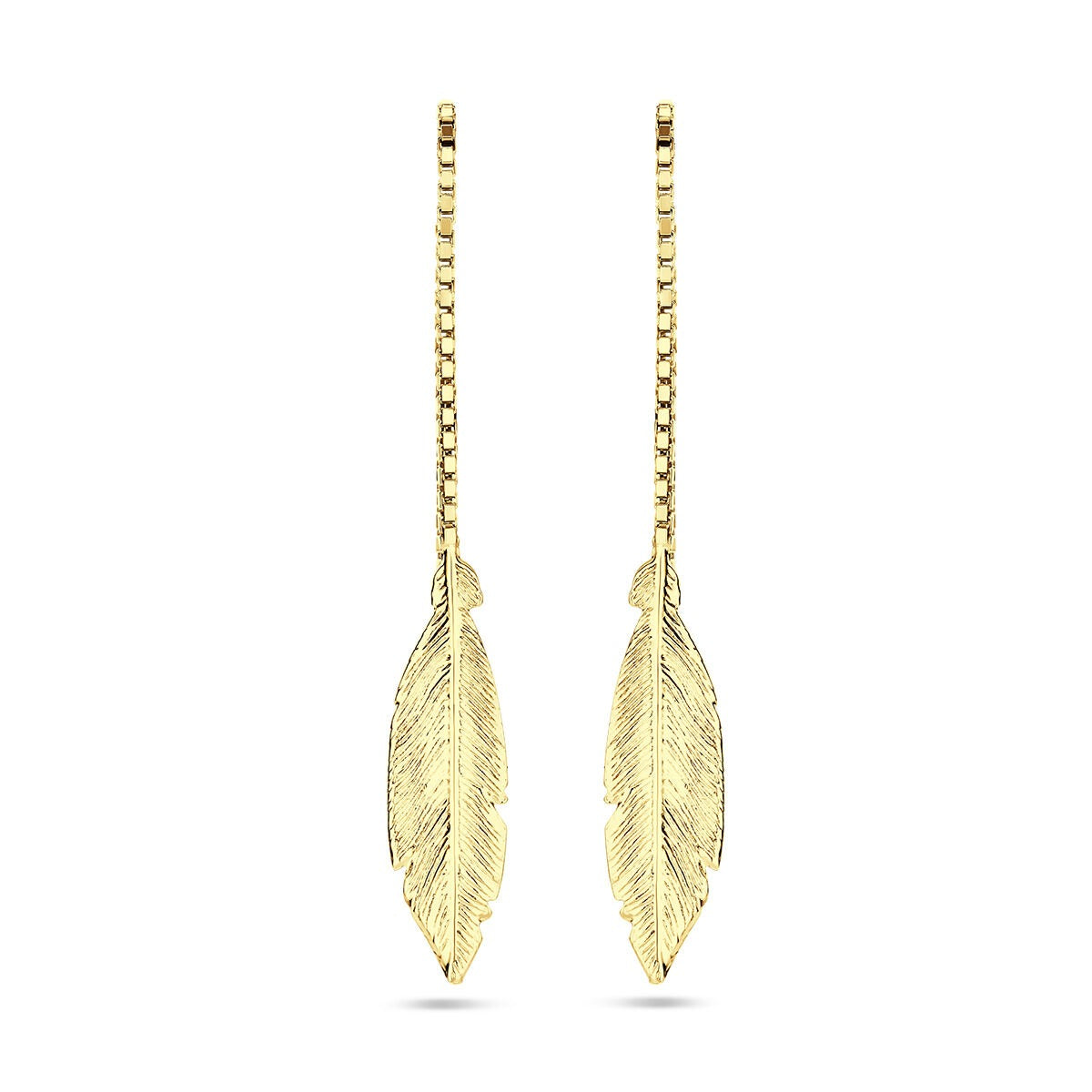 Boucles d'oreilles dorées en forme de plume, finition rhodiée, avec tige fine.