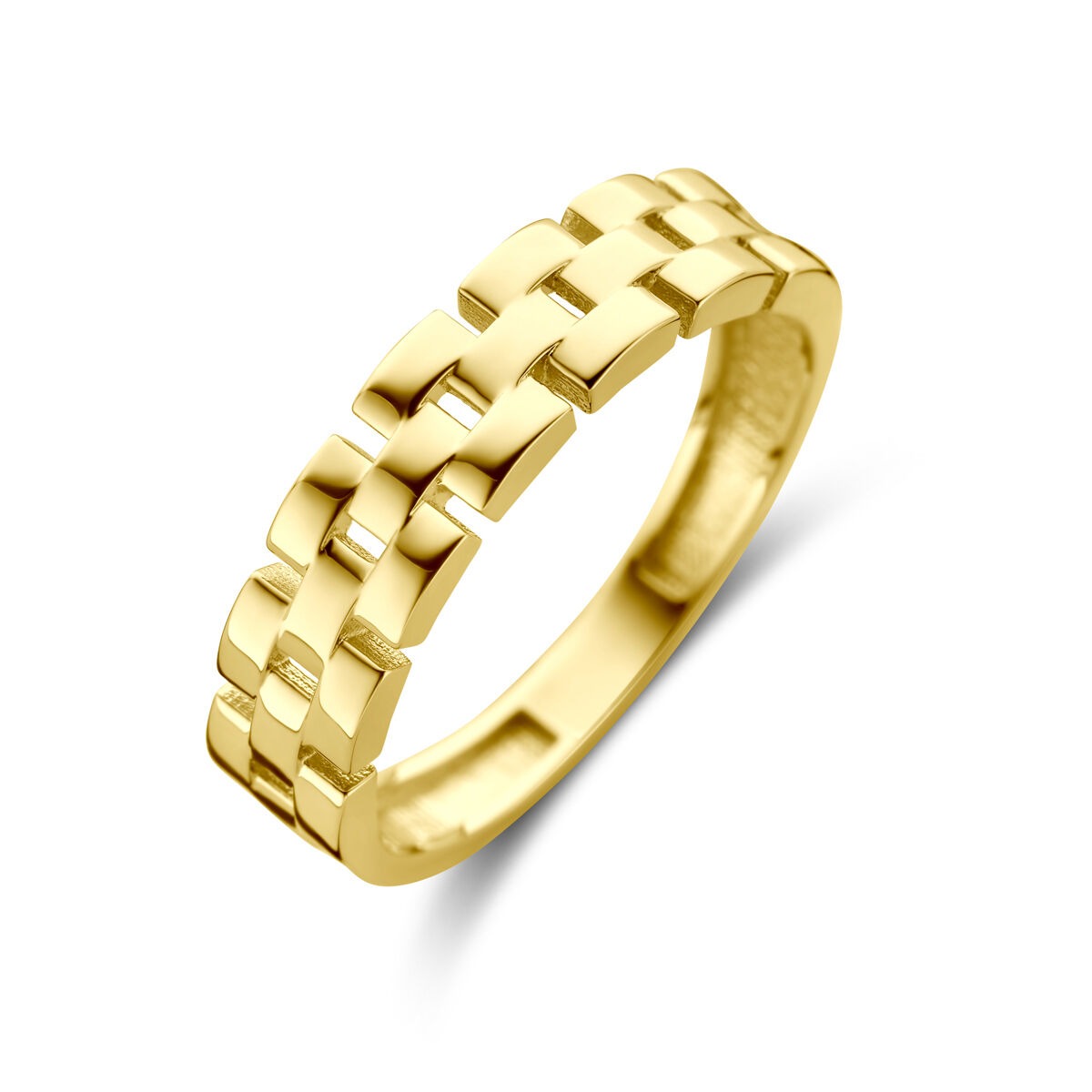 Bague en or jaune 9 carats avec motif de maillons, largeur de 4,5 mm.