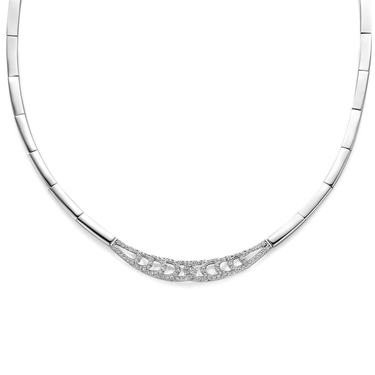 Gerhodineerd zilveren collier met een gebogen schakelontwerp en een rij zirkonia-steentjes.