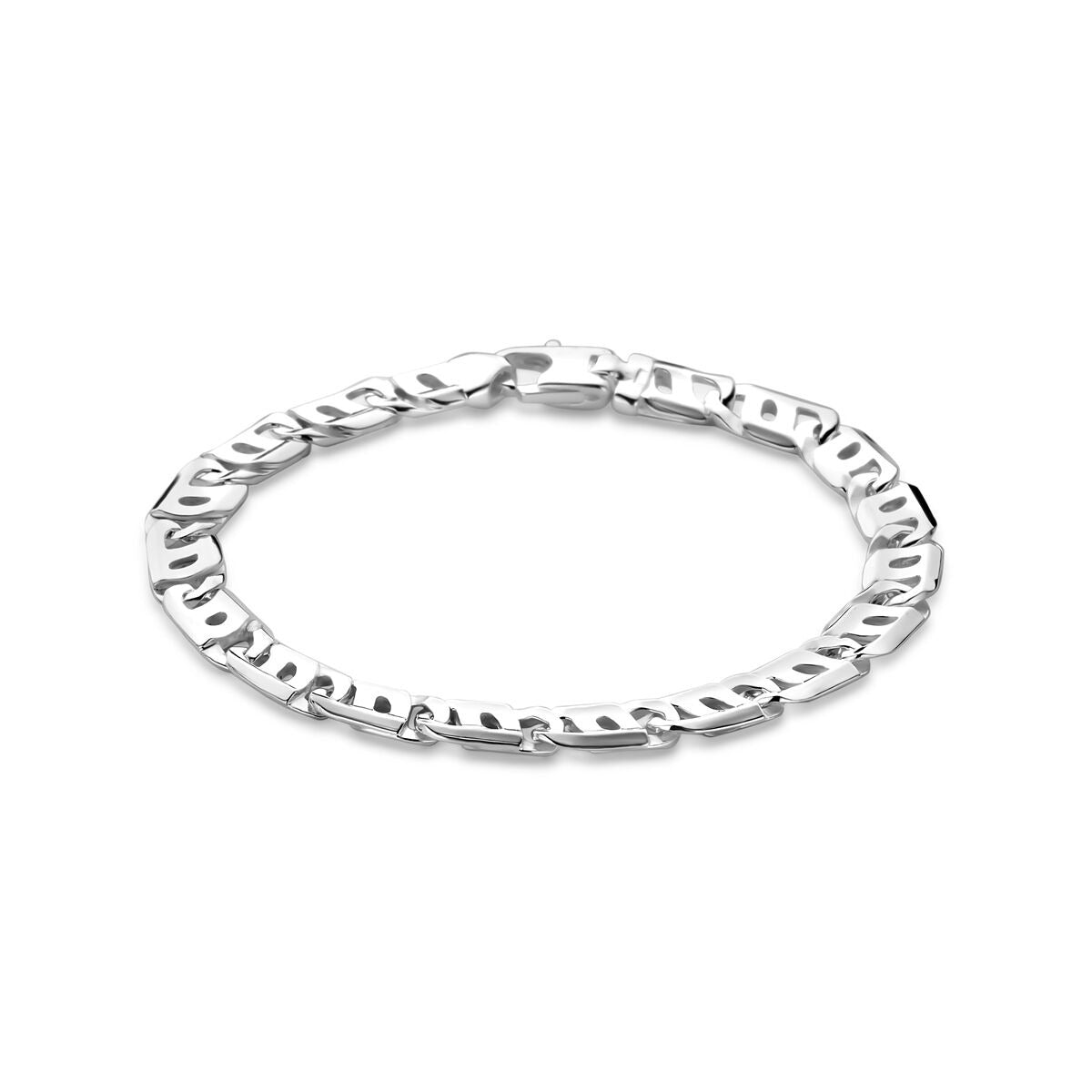 Zilveren heren armband met brede anker schakels en een stevige karabijnsluiting.