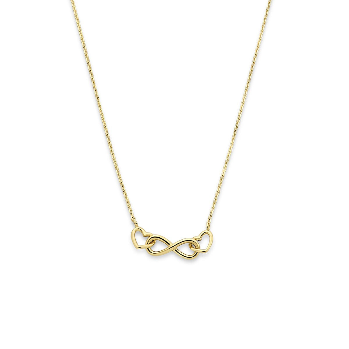 Collier en or jaune 14 carats avec un motif infini et des cœurs.