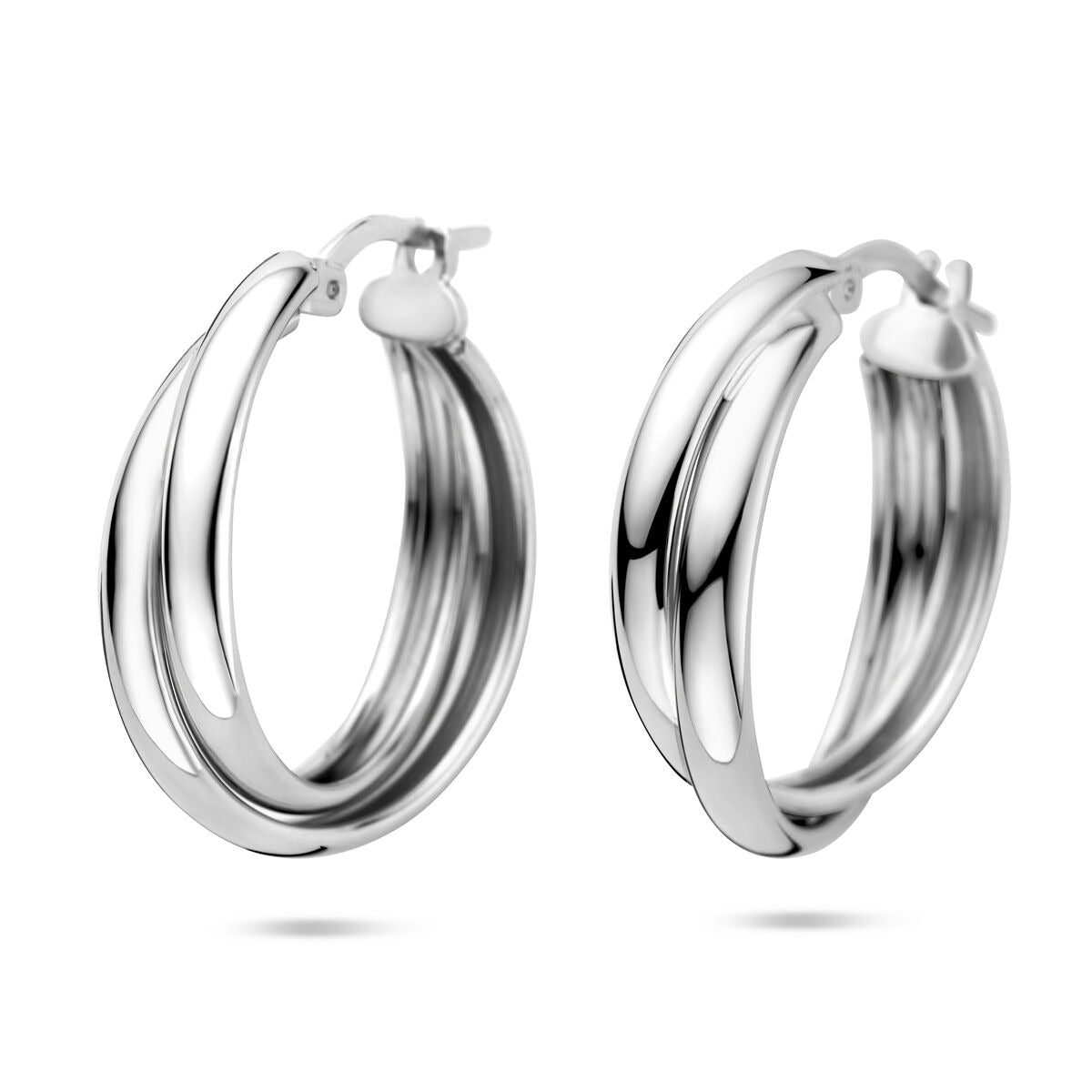 Boucles d'oreilles en argent rhodié 925, de forme ronde avec un design élégant à deux bandes.