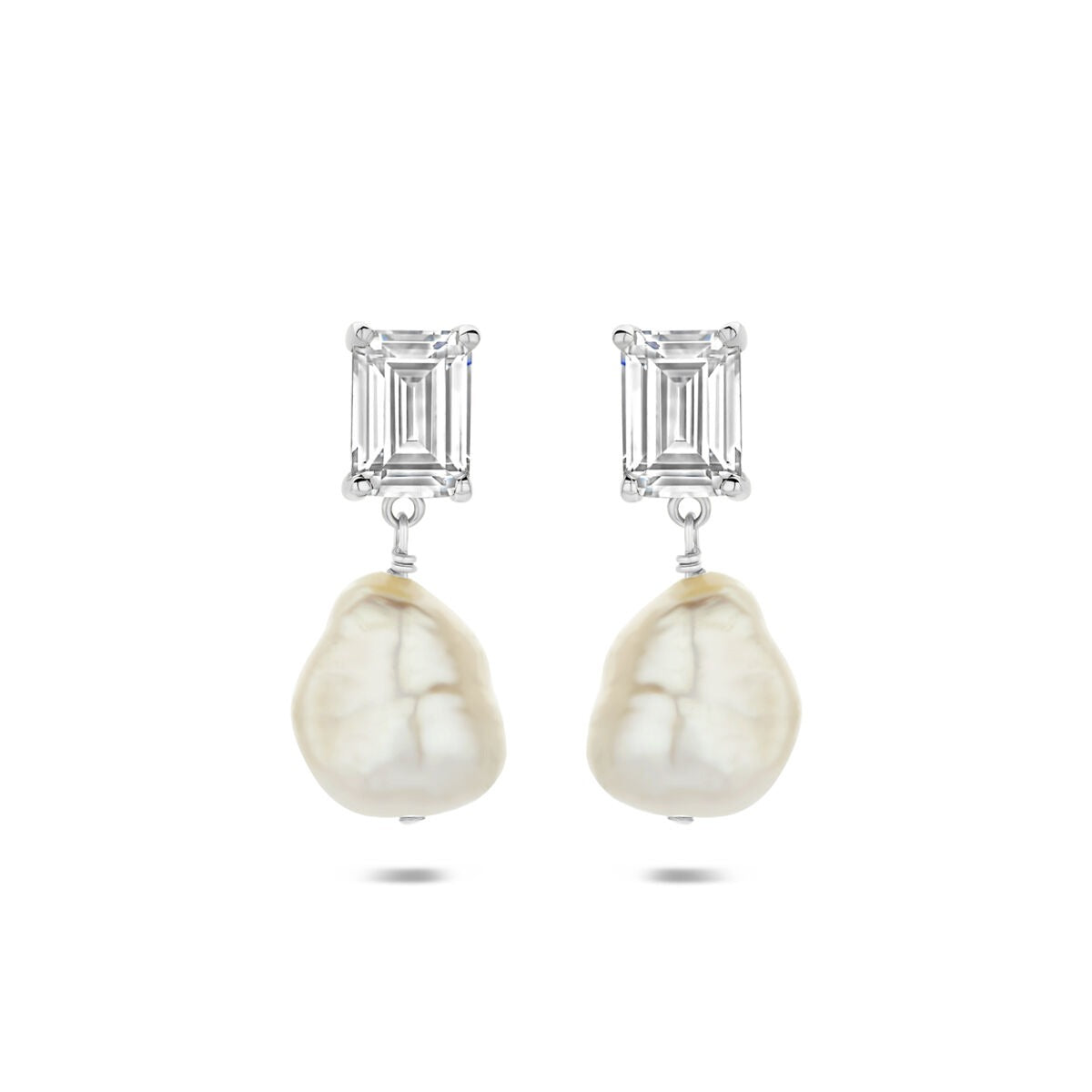 Boucles d'oreilles en argent 925 avec perles et zirconiums, forme allongée.