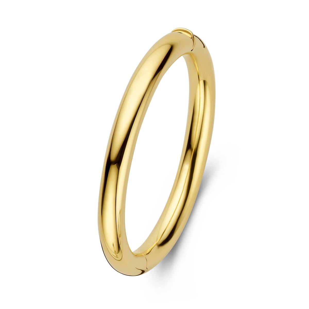 Bracelet jonc doré en or 14 carats avec charnière, finition lisse et brillante.