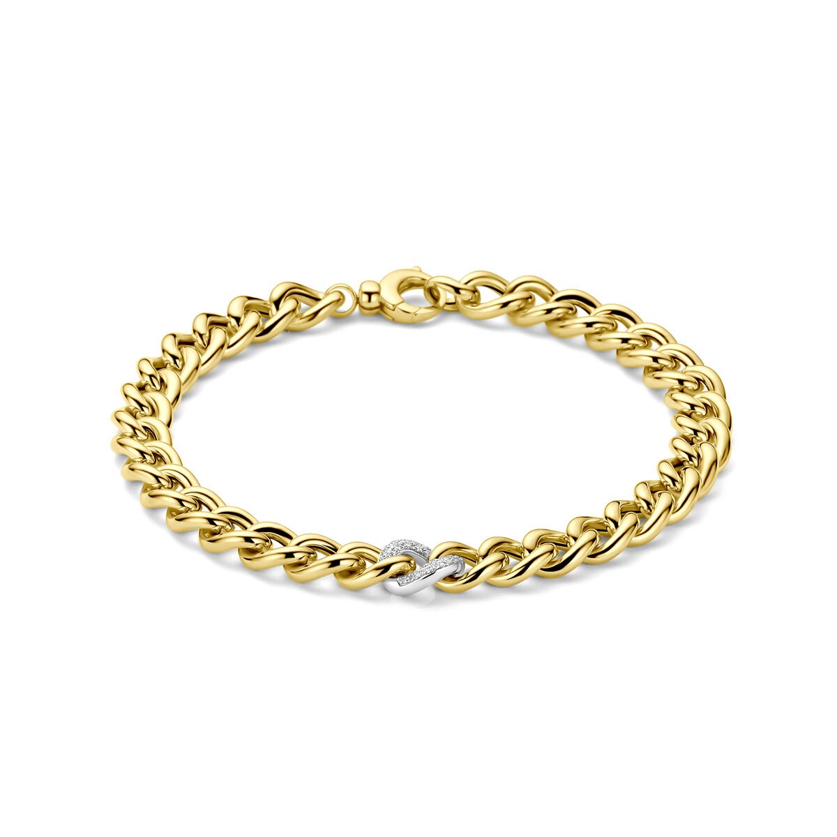 Bracelet en or jaune et blanc 14 carats avec un diamant, maillons entrelacés.
