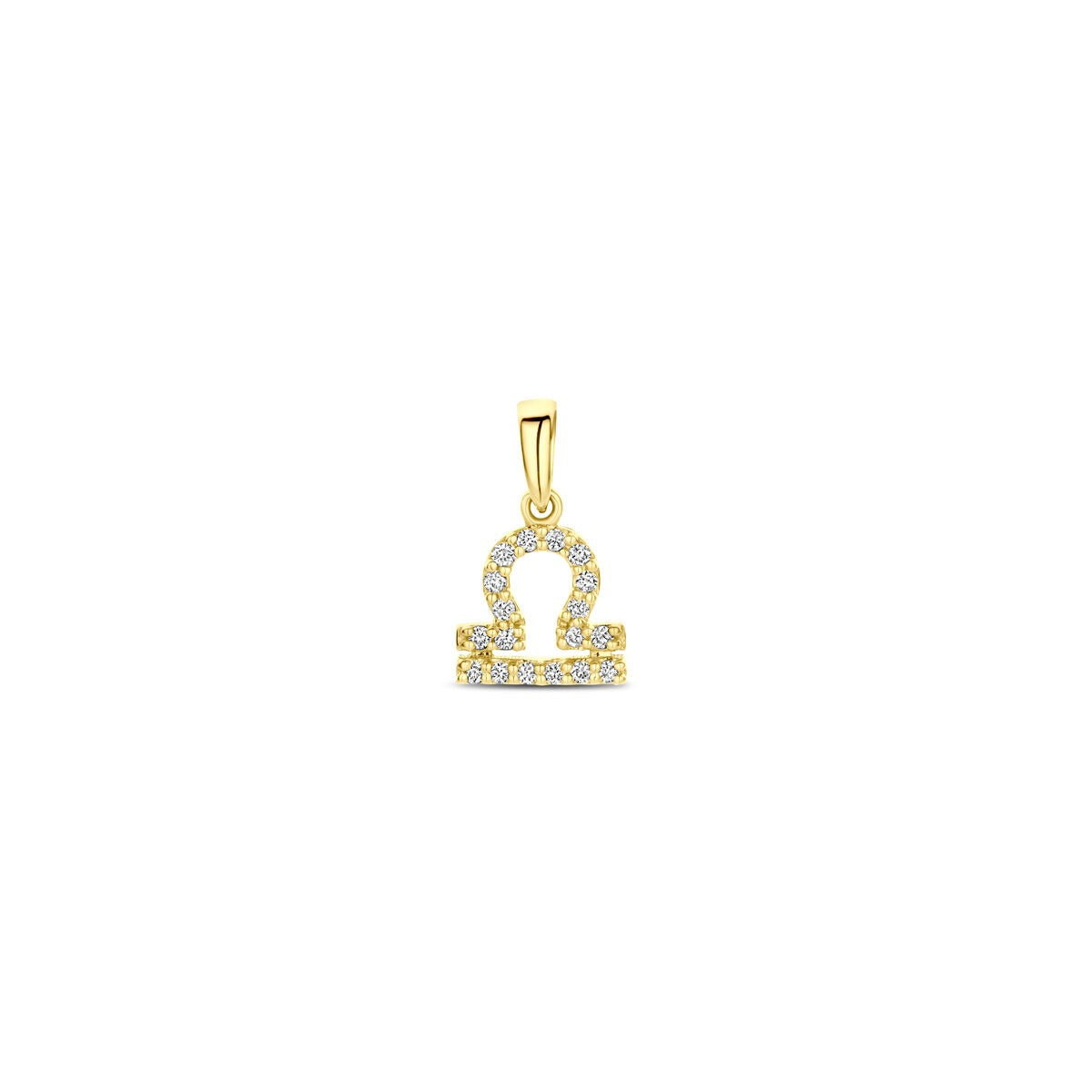 Pendentif en or jaune 14 carats en forme de signe astrologique, orné de diamants.
