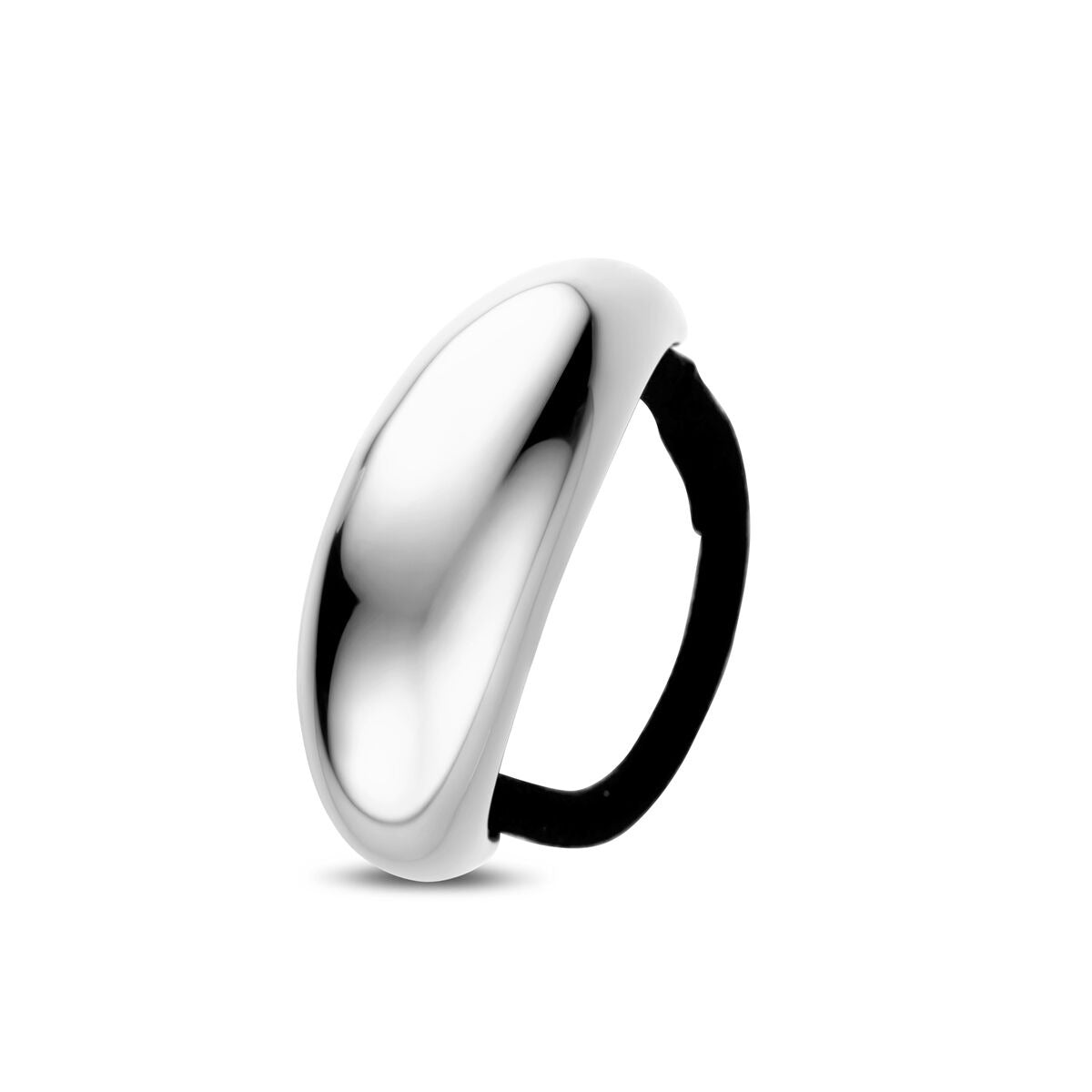 Bracelet en acier argenté avec un accent noir, forme lisse et arrondie.