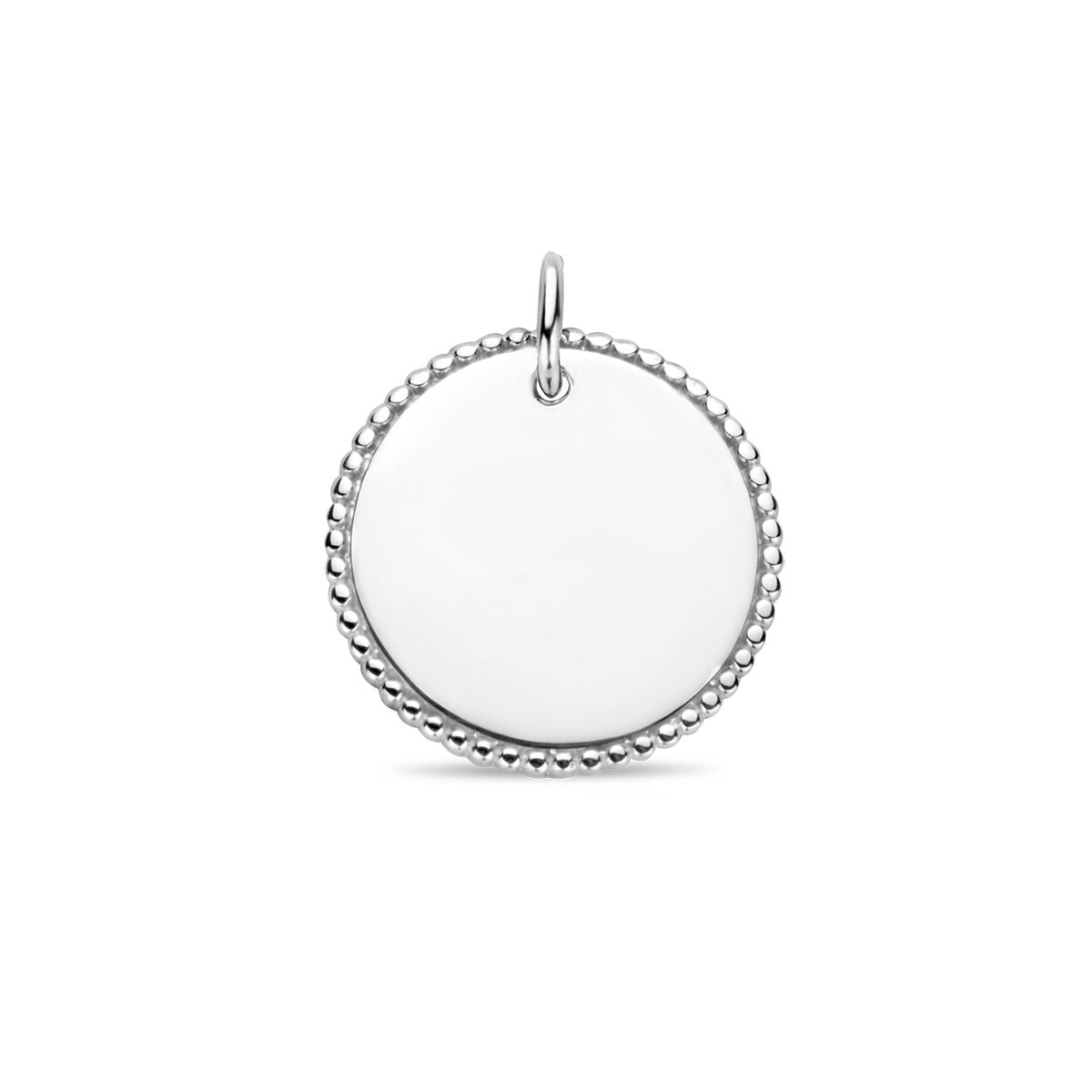 Pendentif rond en argent rhodié avec bordure en perles.