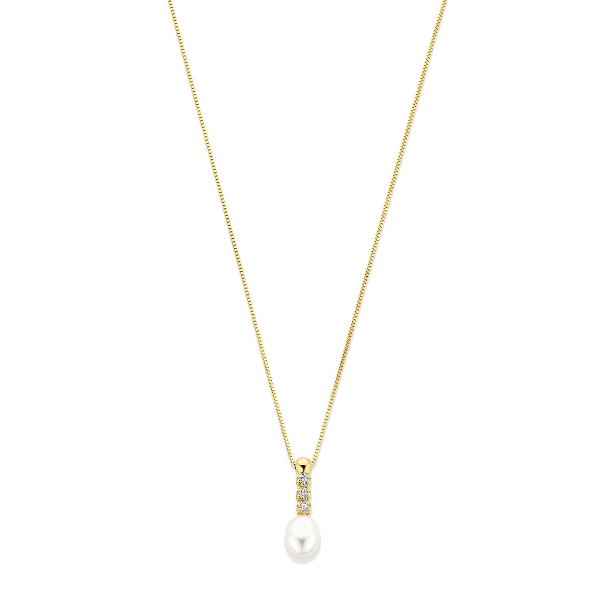 Collier en or jaune 14k avec zirconia et perle d'eau douce en forme de goutte.