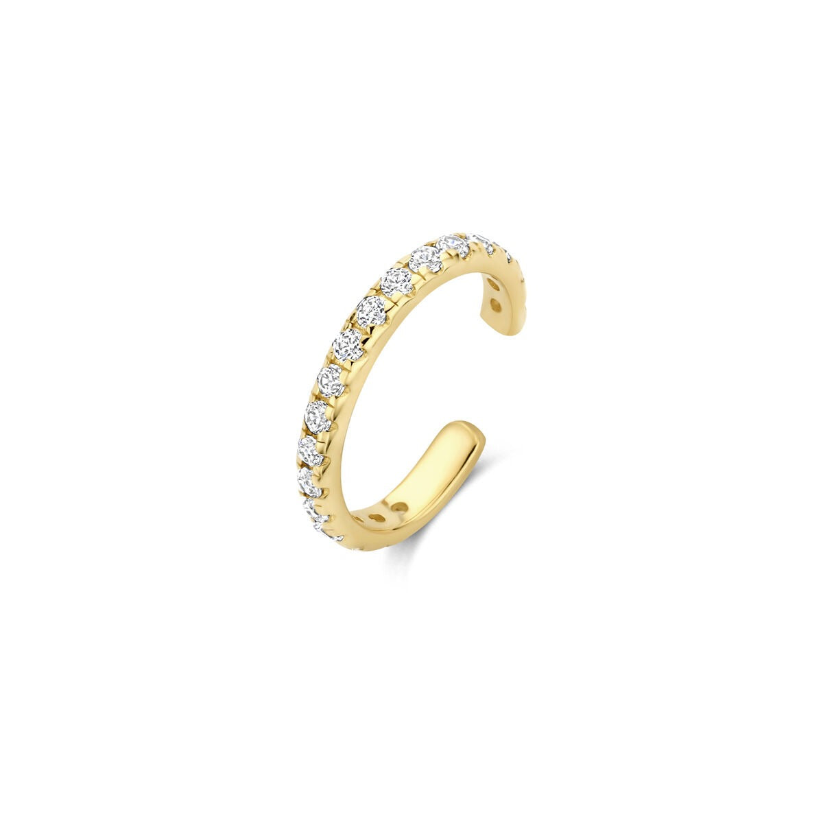 Ear cuff en or jaune 14k avec zirconia, forme courbée et finition brillante.
