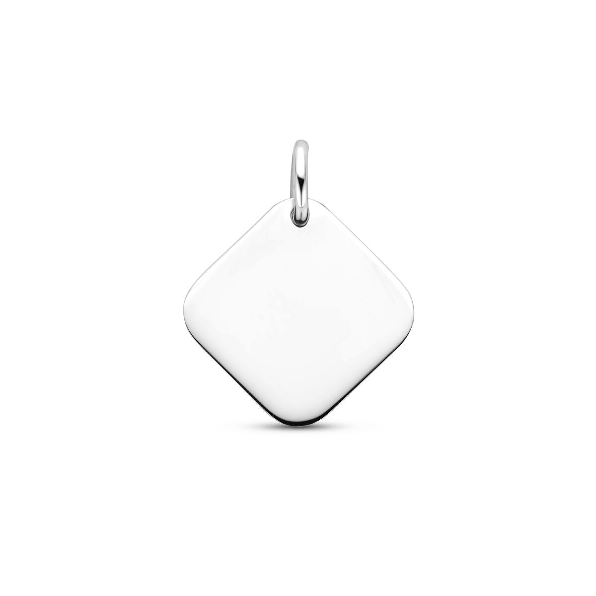 Pendentif en argent rhodié de forme carrée, surface lisse et brillante.