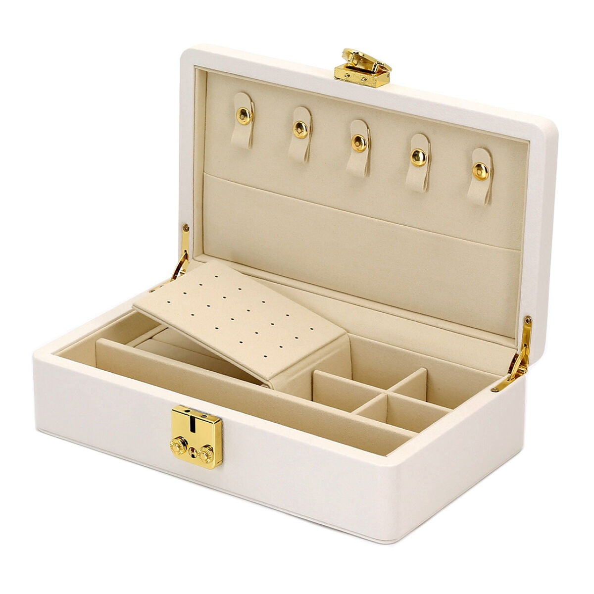 Boîte à bijoux de luxe beige avec accents jaunes – compacte et élégante