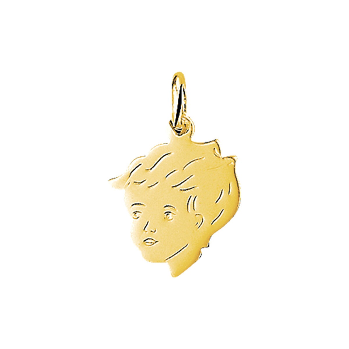 Pendentif en or jaune 9 carats en forme de tête d'enfant avec des détails gravés.