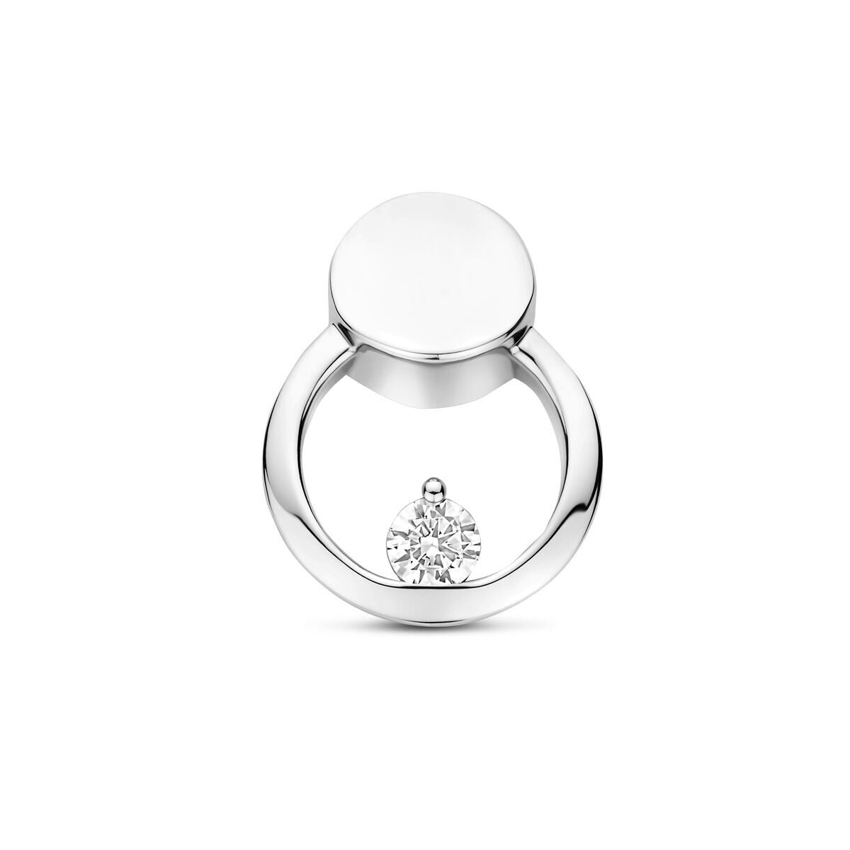 Pendentif en argent rhodié avec un zirconia brillant, forme circulaire.