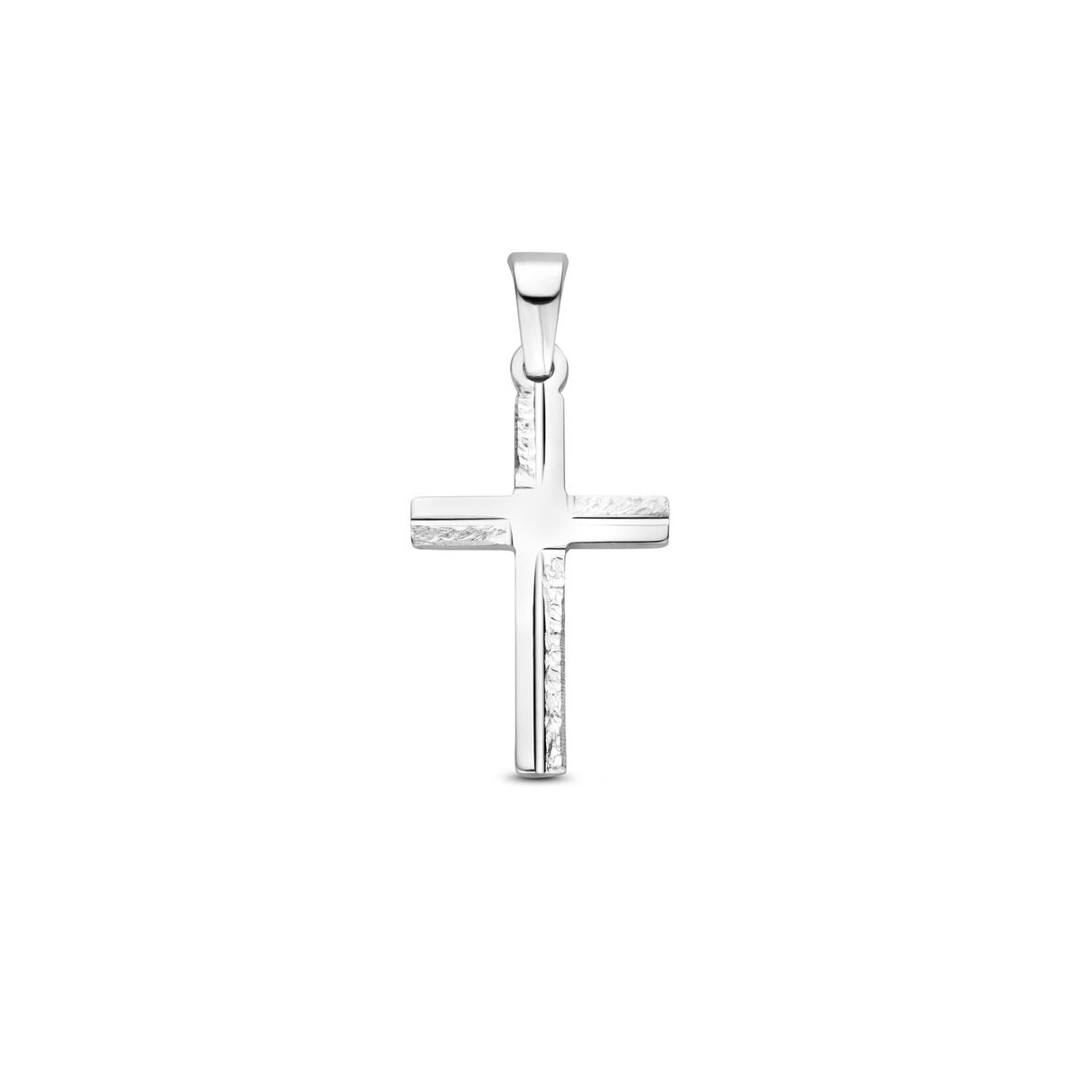 Pendentif en croix en argent rhodié 925, avec des détails lisses et brillants.