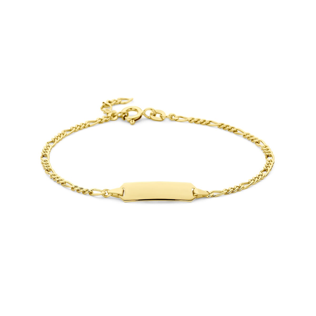 Bracelet en or jaune 14 carats avec chaîne Figaro et plaque gravable de 5 mm.