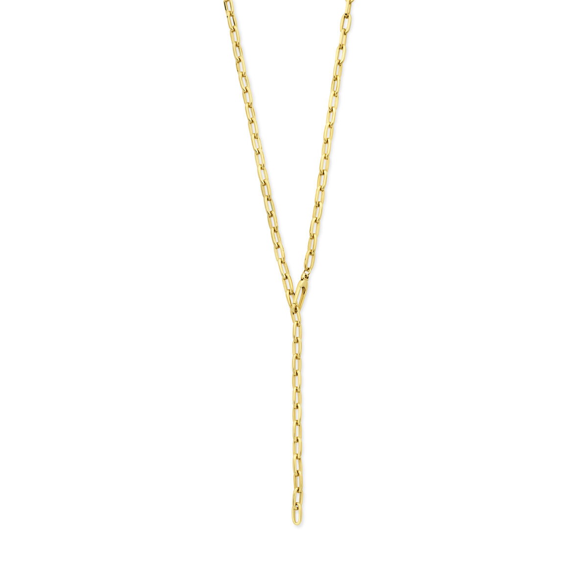 Collier Y en or jaune 14k avec maillons ancre et un design moderne.