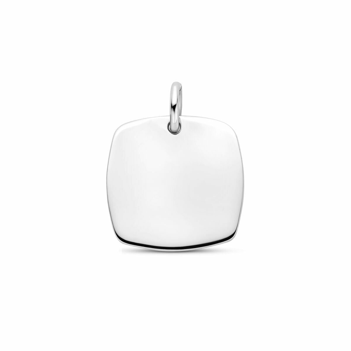 Pendentif en argent rhodié de forme carrée, surface lisse et brillante, sans gravure.