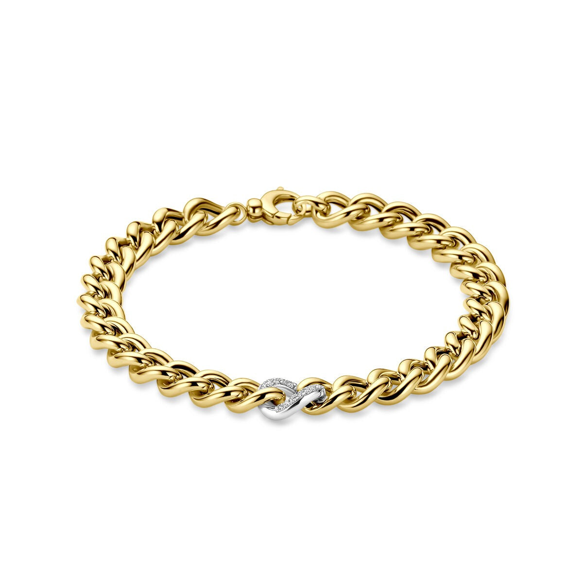 Bracelet bicolore en or jaune et blanc avec diamant, maillons entrelacés.