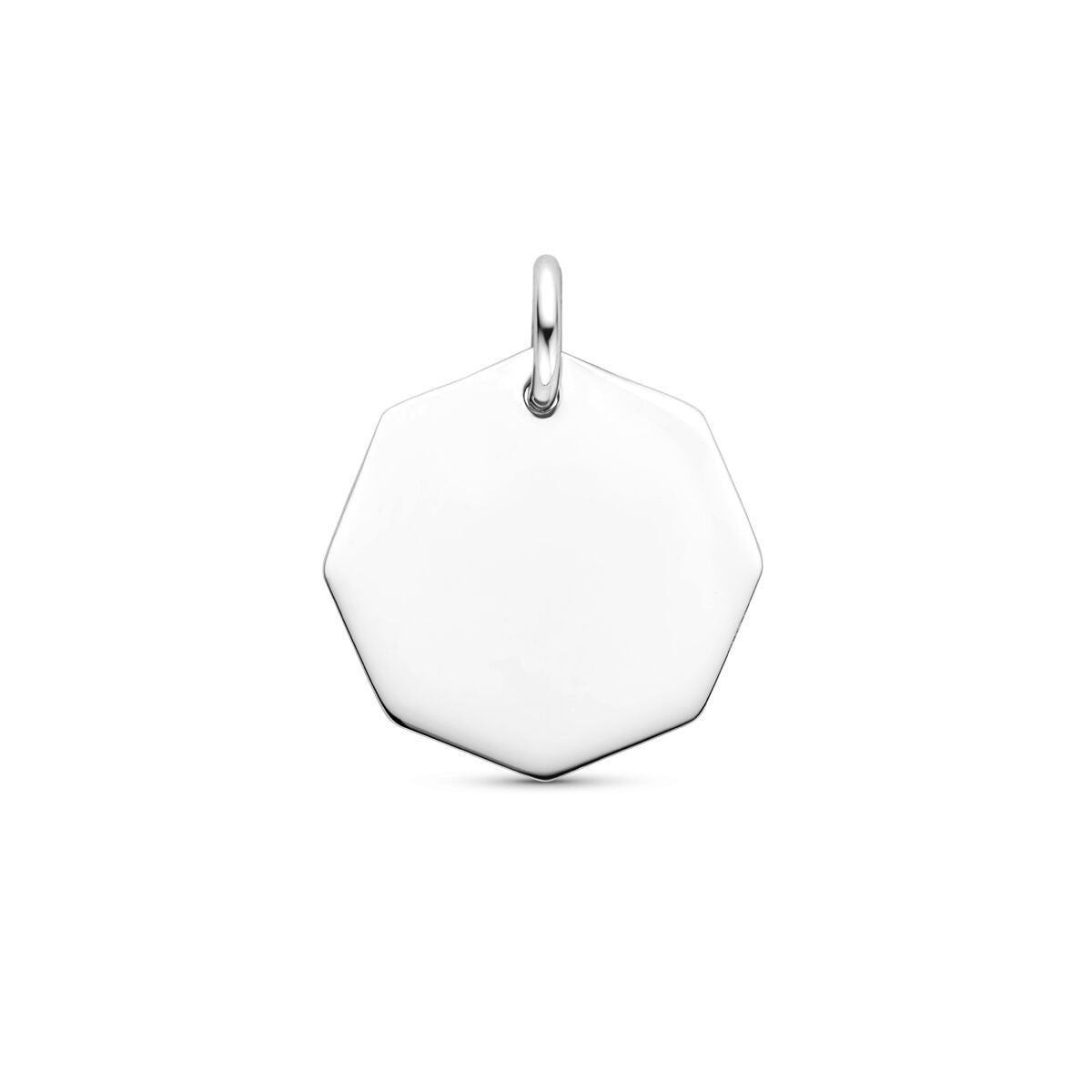 Pendentif en argent rhodié de forme carrée, surface lisse et brillante, avec une attache.
