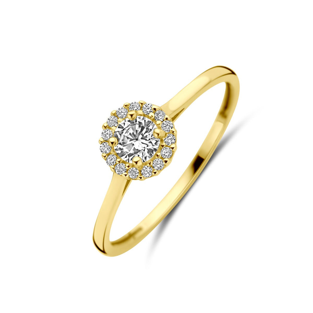 Bague en or jaune 14 carats avec zircons, sertie en entourage, au design délicat.