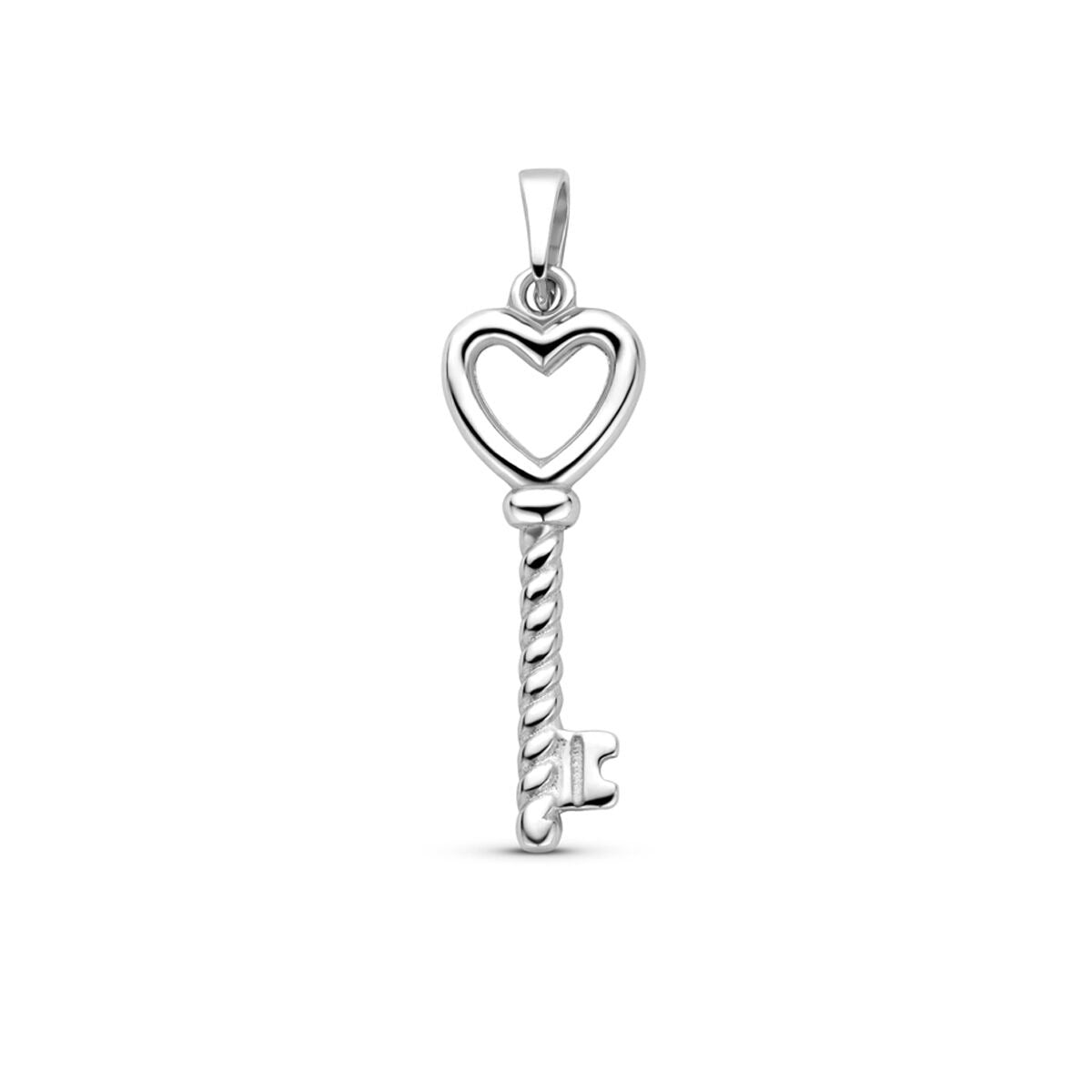 Pendentif en argent rhodié en forme de cœur et de clé, avec un design torsadé.