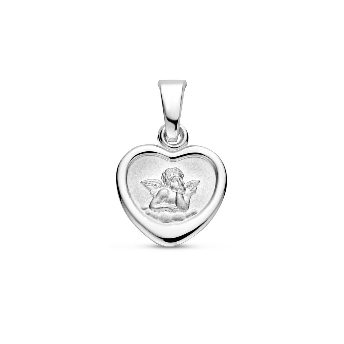 pendentif en forme de cœur en argent rhodié 925 avec finition poli/mat et motif d'ange.