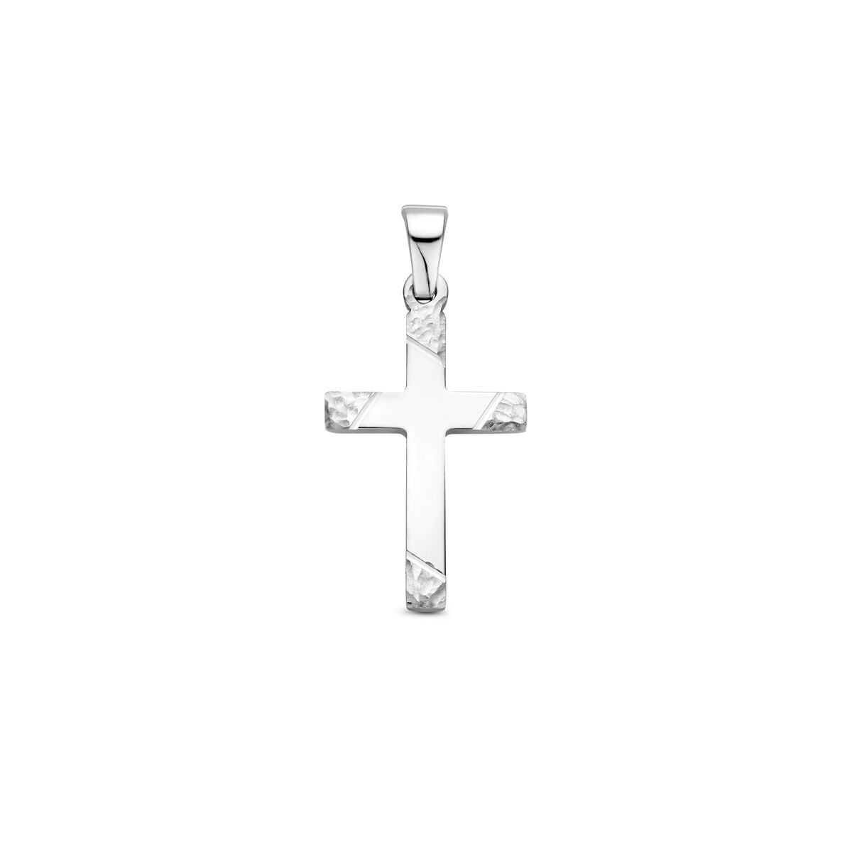 Pendentif croix en argent rhodié 925, finition martelée, polie et diamantée.