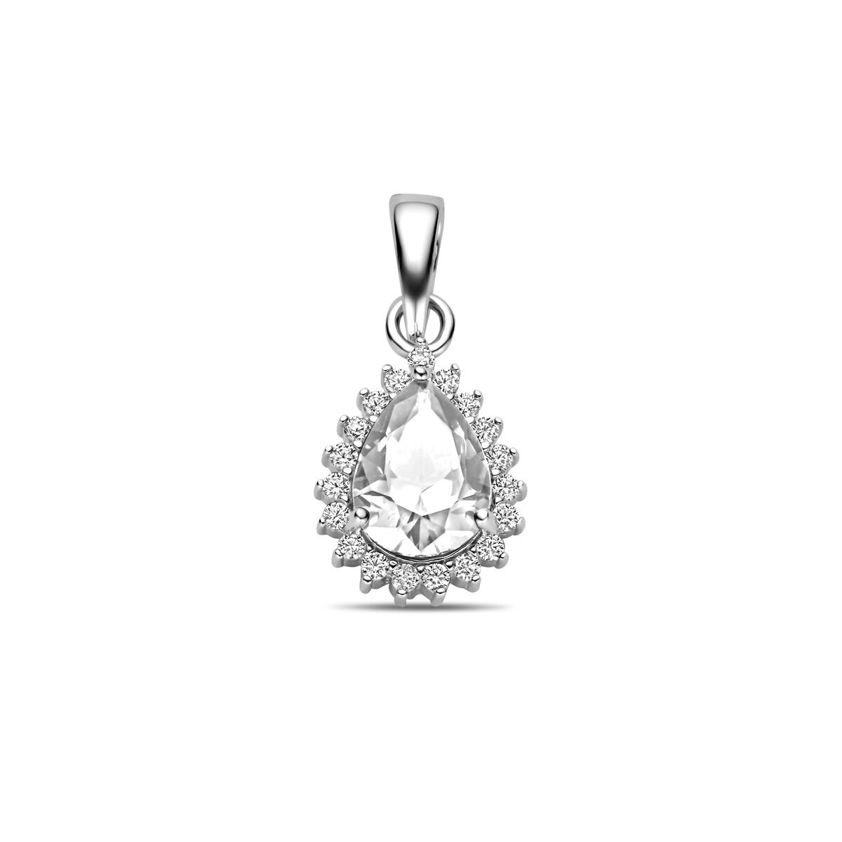 Pendentif en argent en forme de poire avec zircone entourée de petites pierres brillantes.