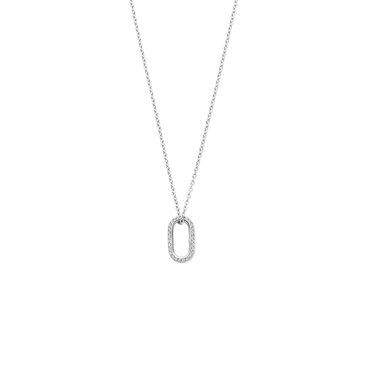 Gerhodineerd zilveren collier met een ovale hanger bezet met zirkonia.