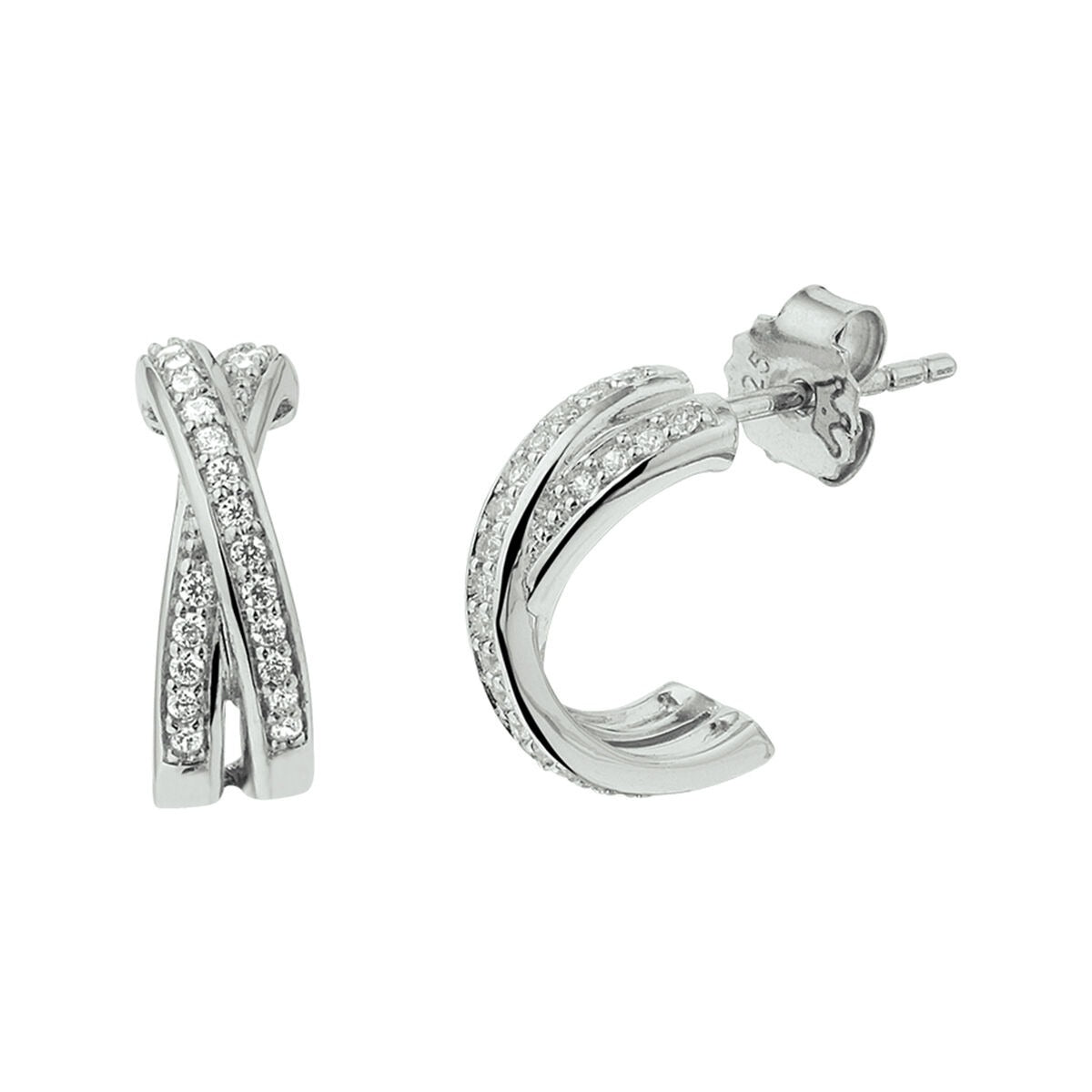 Boucles d'oreilles en argent rhodié avec zircons, en forme de croix, brillantes.