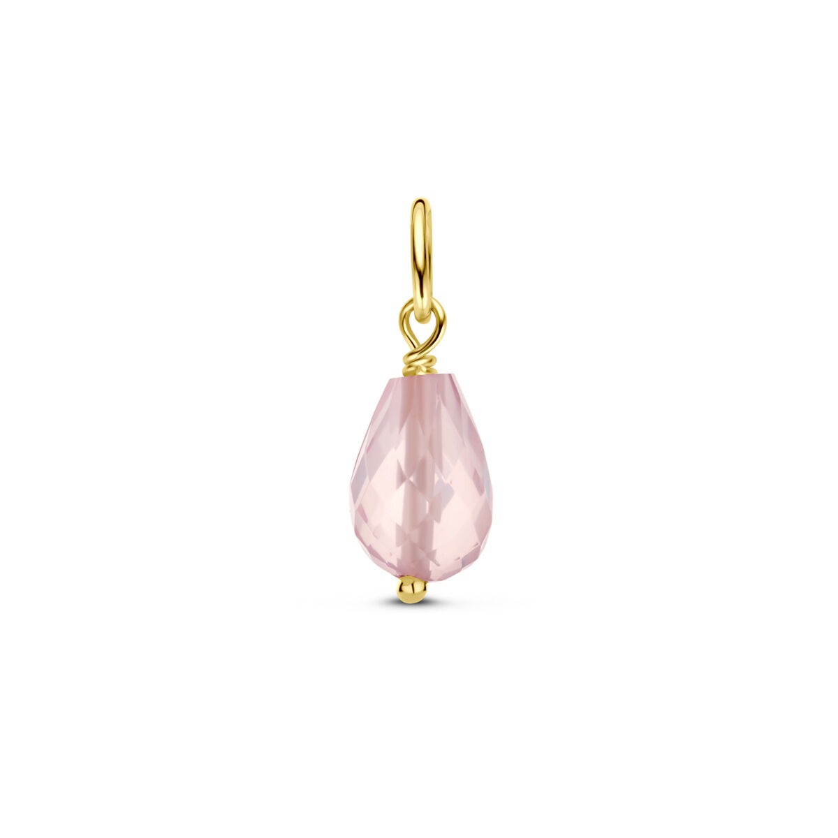 Pendentif en or jaune 14 carats avec quartz rose taillé en briolette.