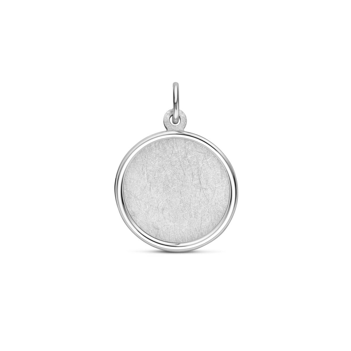 Pendentif en argent rhodié 925, finition mate et polie, forme ronde.