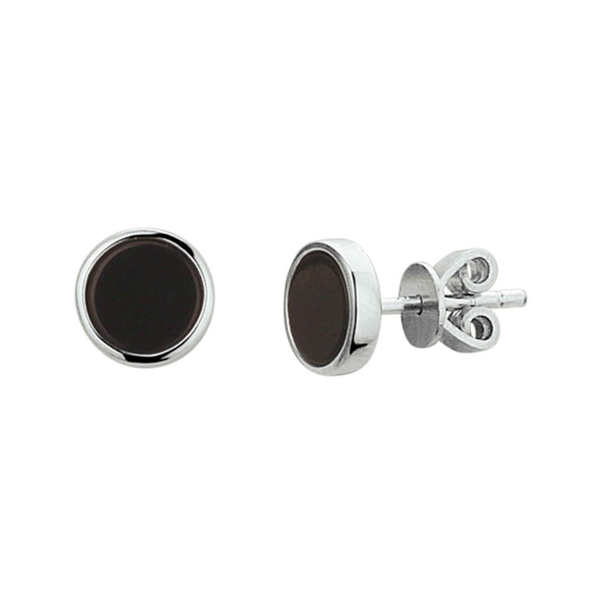 Boucles d'oreilles en argent rhodié avec onyx noir, forme ronde et finition brillante.