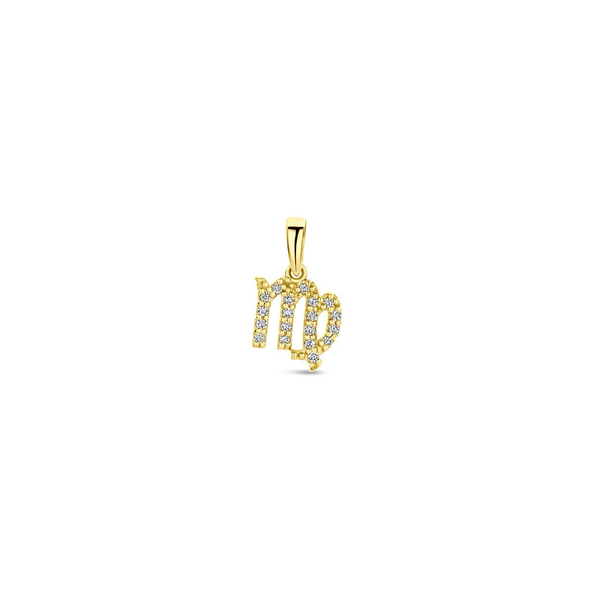 Pendentif en or jaune 14 carats en forme de signe astrologique, orné de diamants.