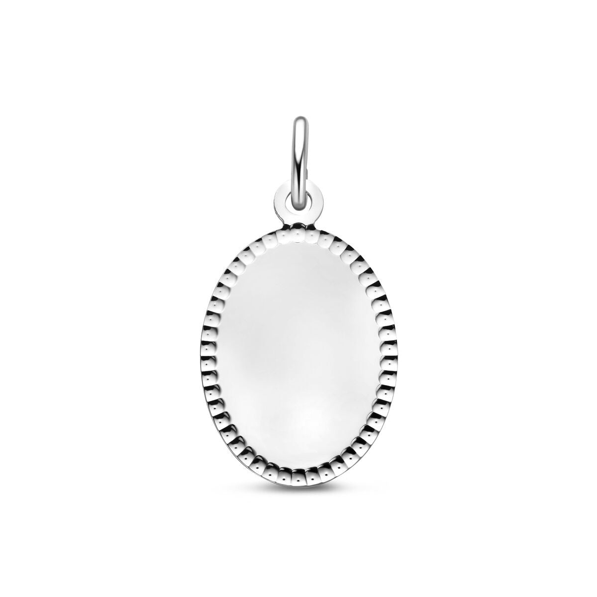 Pendentif en argent rhodié de 26 mm avec une finition lisse et un bord strié.