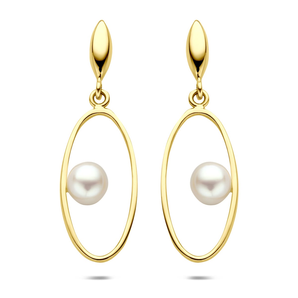 Boucles d'oreilles en or jaune 14k avec perle, forme ovale, longueur 32 mm.