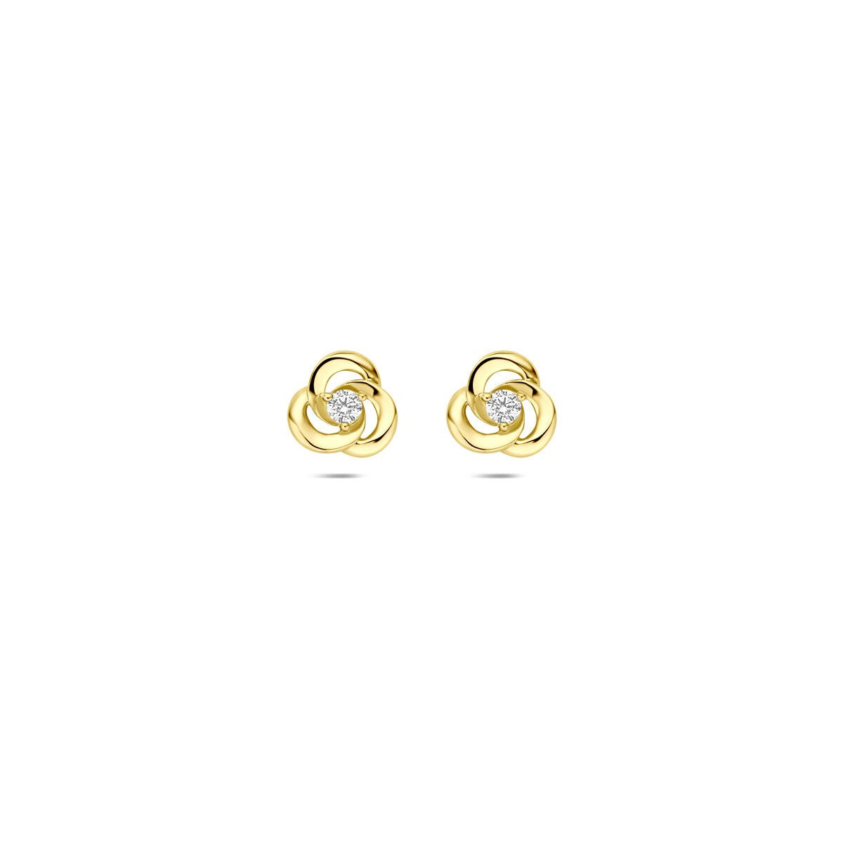 Boucles d'oreilles en or jaune 14 carats avec zirconia, design en forme de fleur.