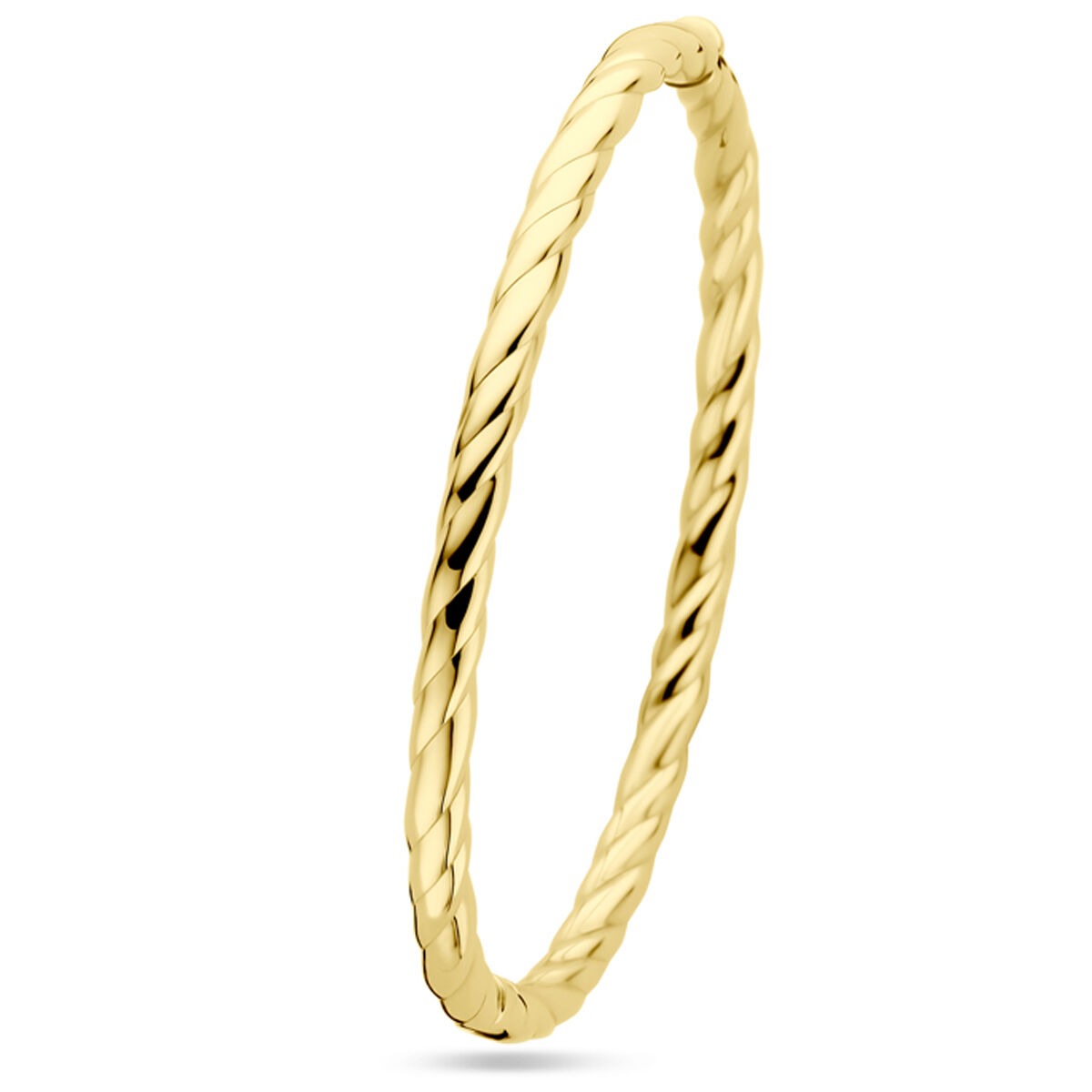 Bracelet jonc en or jaune 14 carats, de 4 mm de large, avec un design torsadé.