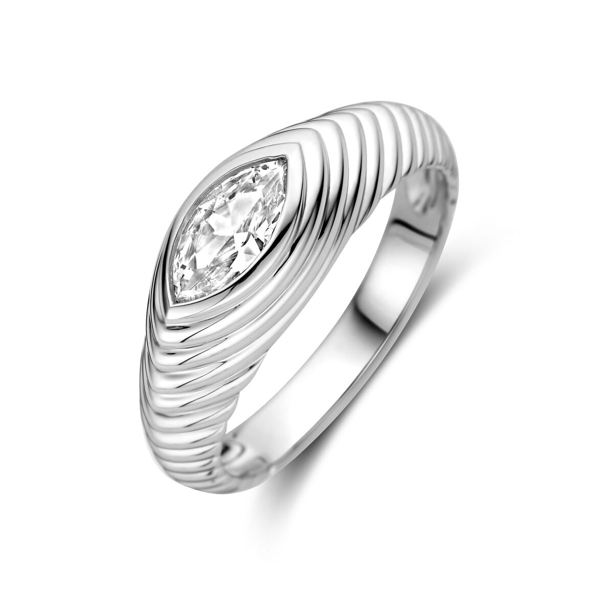 Bague en argent rhodié pour femme avec zirconium taillé en marquise, 7 mm de large.