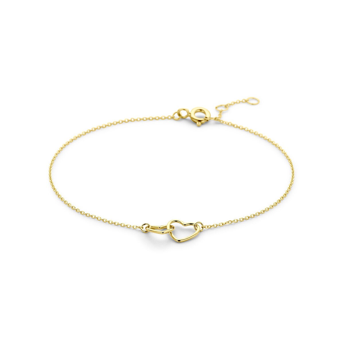 Bracelet en or jaune 14 carats avec un détail en forme de cœur, ajustable.