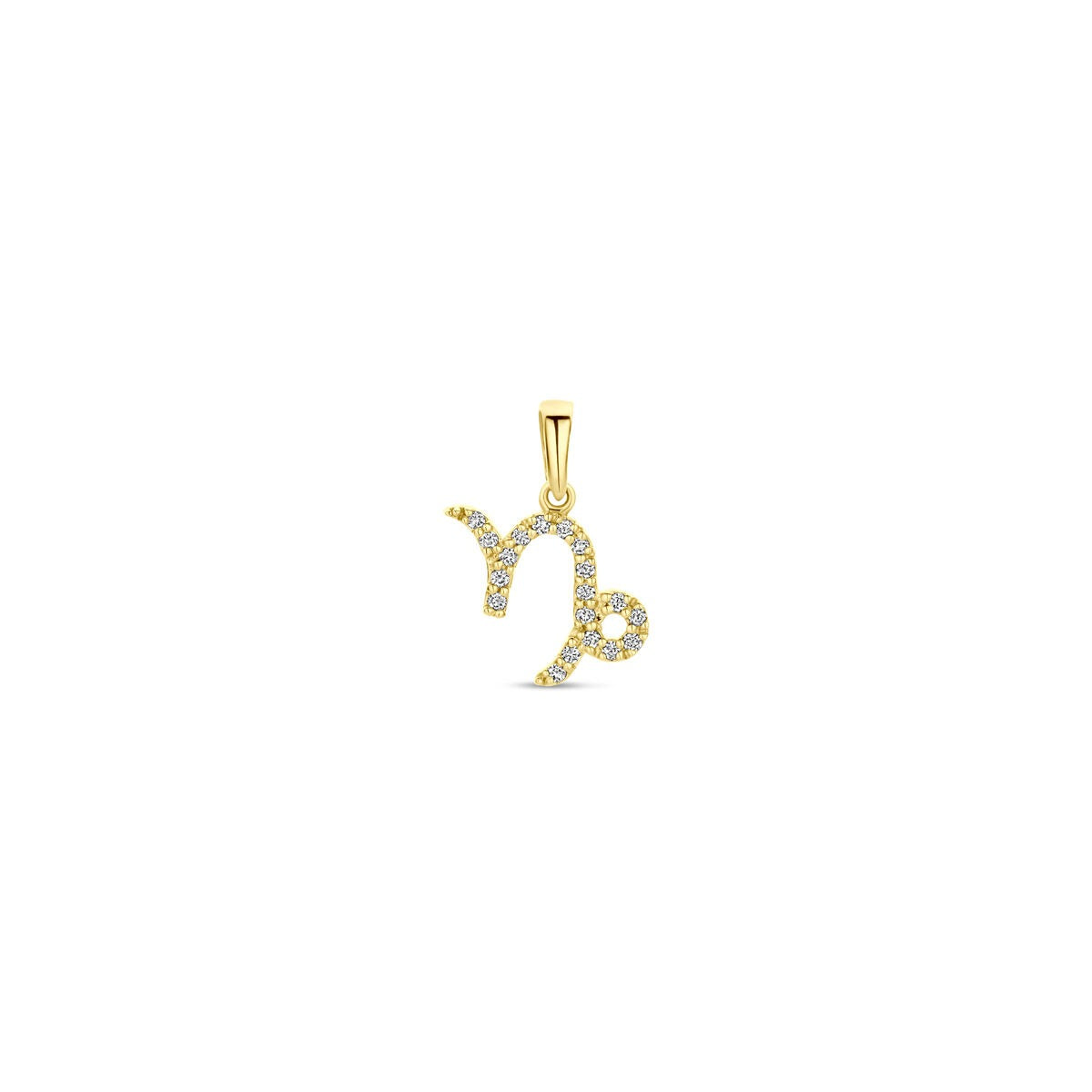 Pendentif en or jaune 14 carats en forme de signe astrologique, orné de diamants.