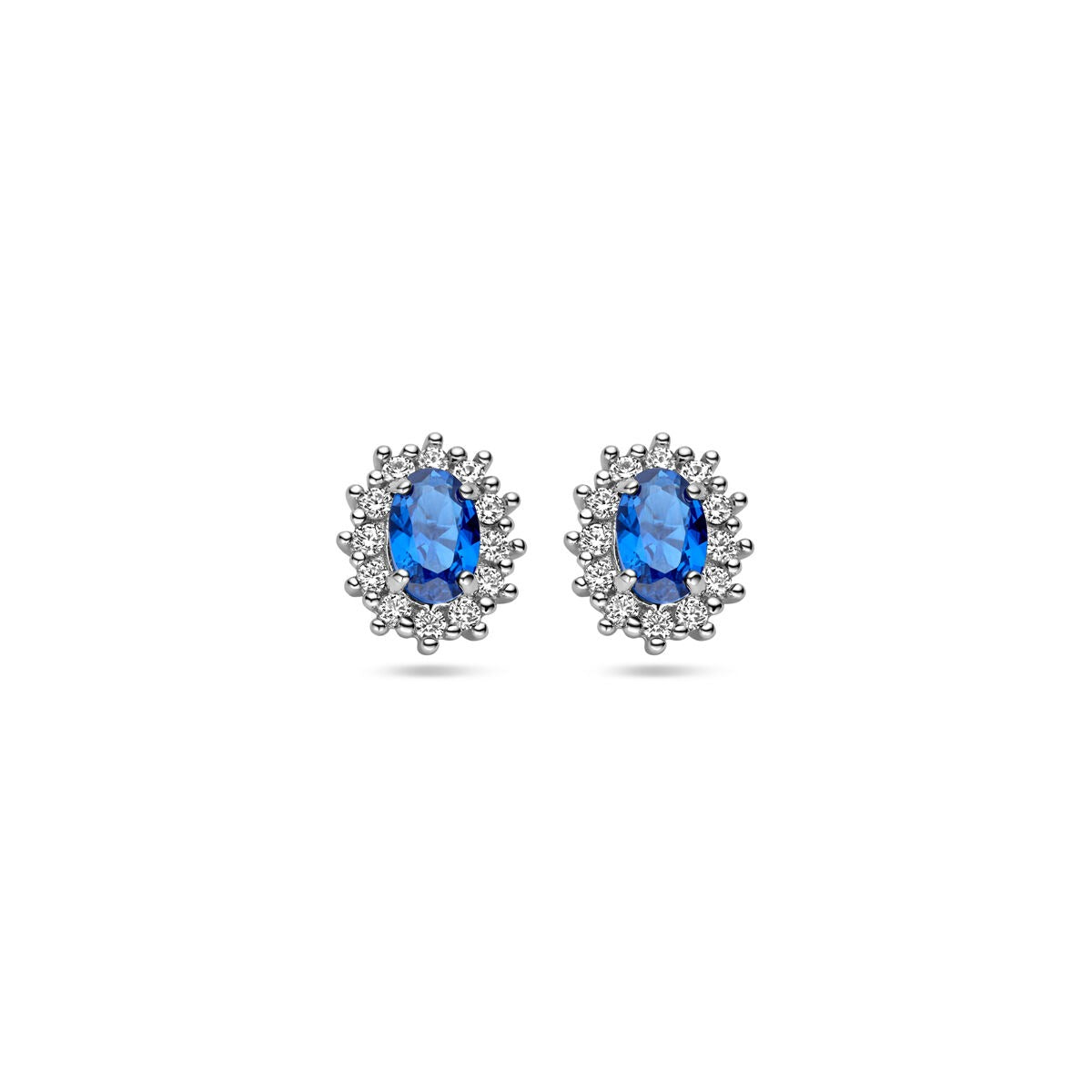 Boucles d'oreilles en argent rhodié avec saphir et zirconium, forme ovale.