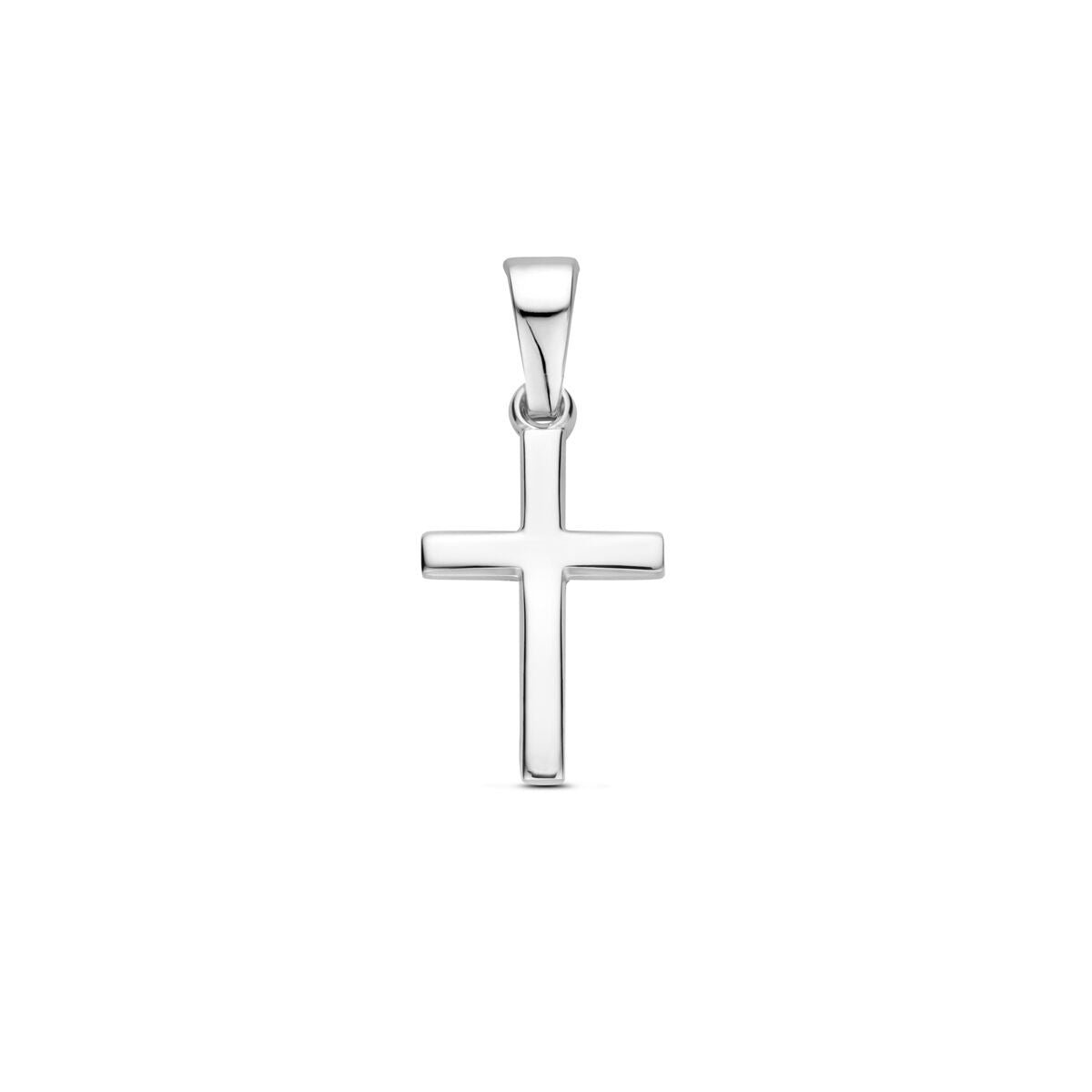 Pendentif croix en argent rhodié 925, finition lisse et brillante.